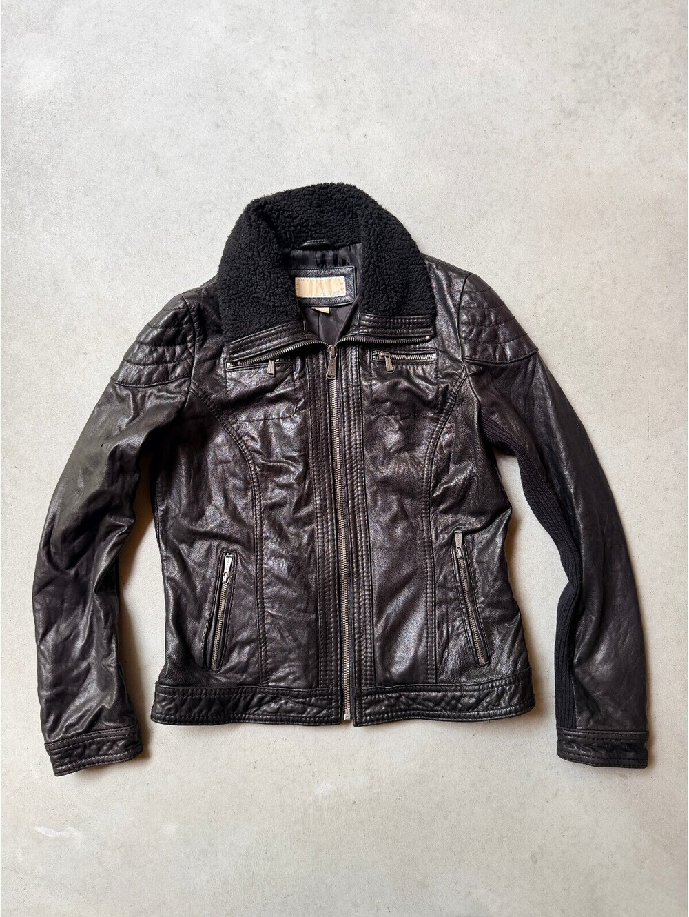 Michael Kors Women’s M Genuine Leather Moto Jacket Faux Sherpa Collar